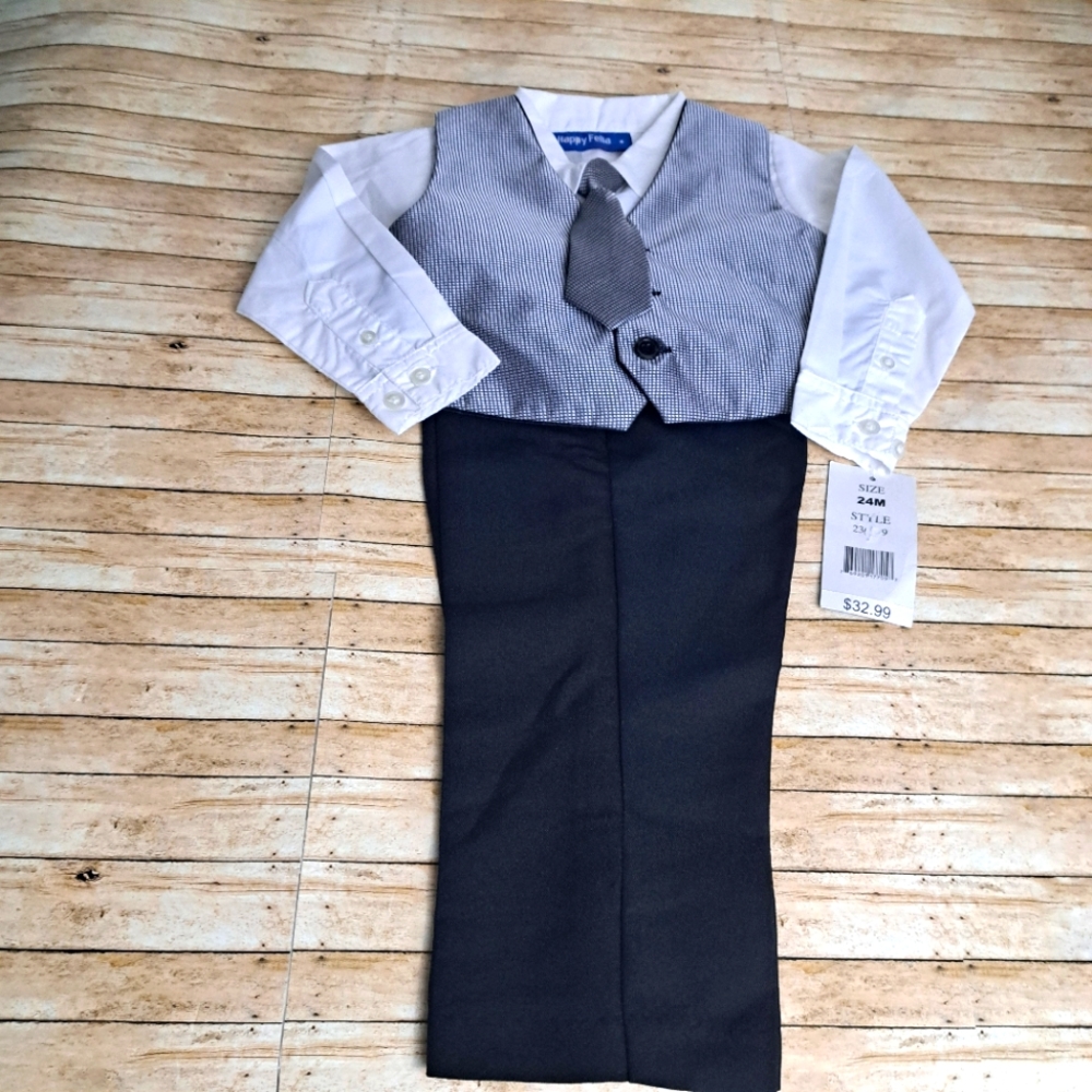 Happy Fella 4pc Infant Black Gray Long Sleeve Shirt & PantsDress Suit Set Sz 24M